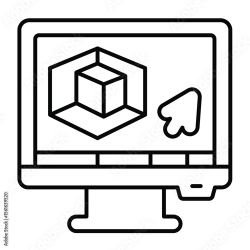 Monitor screen with 3D graphics program thin line icon, design recruitment concept. Vector graphics. 3D designer job display sign on white background, style mobile or design.
