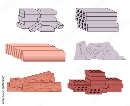 various construction materials including stacks of grey bricks concrete blocks wood planks rocks or stones