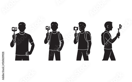 Young traveler with action camera silhouette set, tech-savvy adventurer vector, vlogger holding gimbal poses, backpacking content creator icons, dynamic travel filming illustration