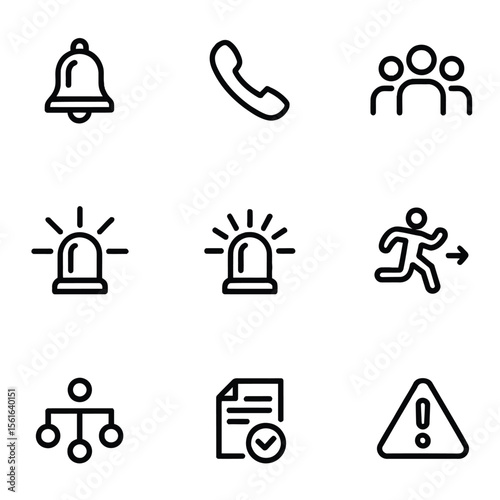 Nine Black Line Icons Set Notification Alert Group Phone