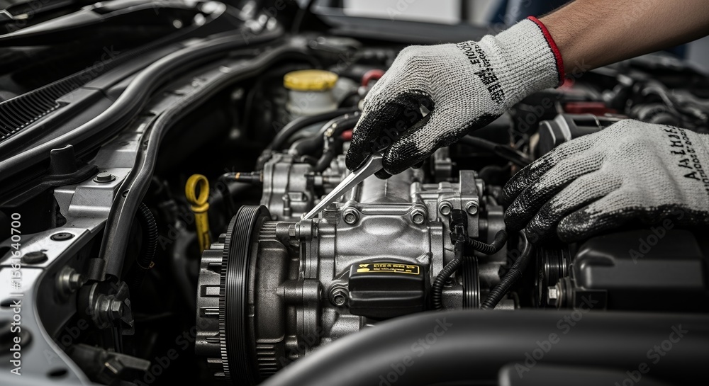 Fototapeta premium Closeup Mechanic Repairing Car Engine Component