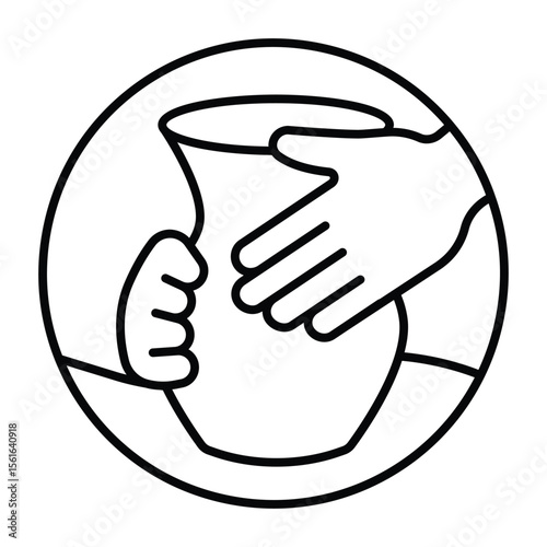 Clay jug in hands thin line icon, pottery making concept. Vector graphics. Hands with plaster product model, handmade sign on white background, style mobile or design.