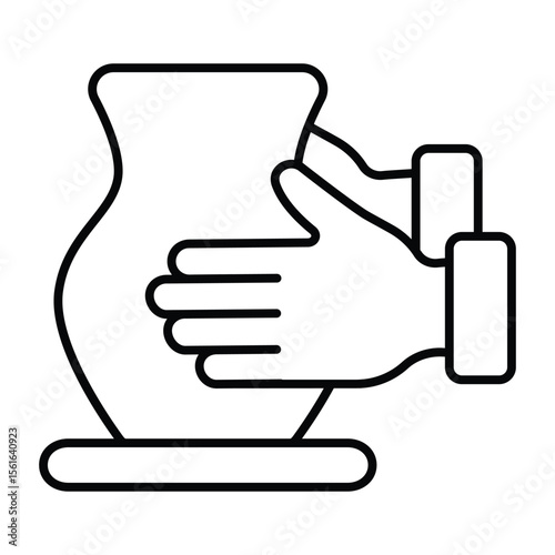 Clay jug on workbench in hands thin line icon, pottery making concept. Vector graphics. Hands with plaster product, molding sign on white background, style mobile or design.