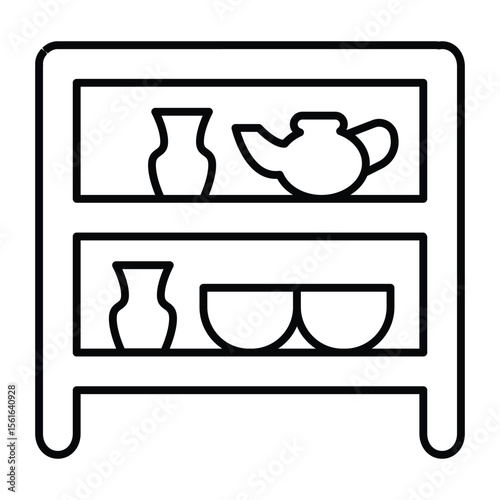 Shelf with ceramic and clay jugs thin line icon, pottery making concept. Vector graphics. Fragile items with different sizes sign on white background, style mobile or design.