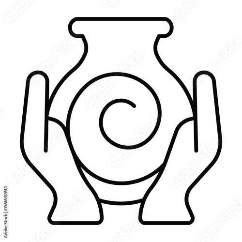 Clay jug with twirl in hands thin line icon, pottery making concept. Vector graphics. Hands with clay jug, manual molding sign on white background, style mobile or design.