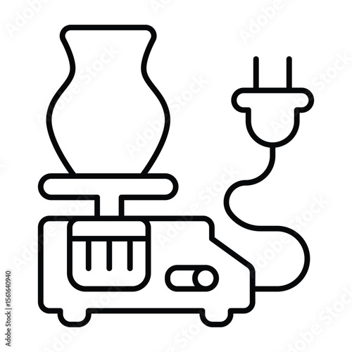 Electric motor machine with clay jug thin line icon, pottery making concept. Vector graphics. Clay jug modeling workbench sign on white background, style mobile or design.