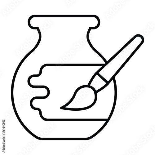 Clay jug and paint with brush thin line icon, pottery making concept. Vector graphics. Artistic painting for clay product sign on white background, style mobile or design.