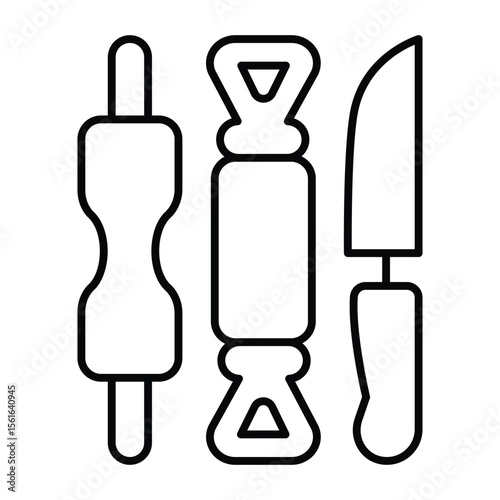 Emery, roller and knife for clay sculpting thin line icon, pottery making concept. Vector graphics. Pottery tools, utensils sign on white background, style mobile or design.