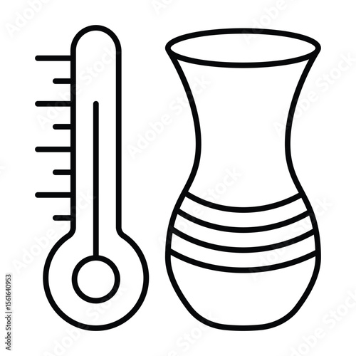 Thermometer and clay vase thin line icon, pottery making concept. Vector graphics. Clay product safe temperature sign on white background, style mobile or design.