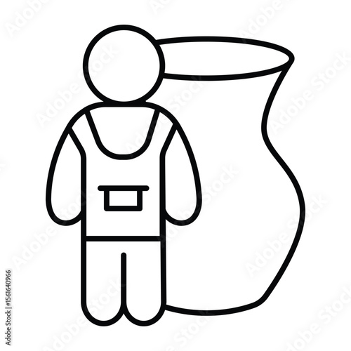 Man with apron and clay jug thin line icon, pottery making concept. Vector graphics. Human with big vase sign on white background, style mobile or design.