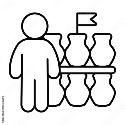 Seller man with jugs and flag thin line icon, pottery making concept. Vector graphics. Human with tableware shelf sign on white background, style mobile or design.