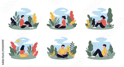 Serene People Meditating in Lush Green Nature Surrounded by Colorful Trees and Bright Sky