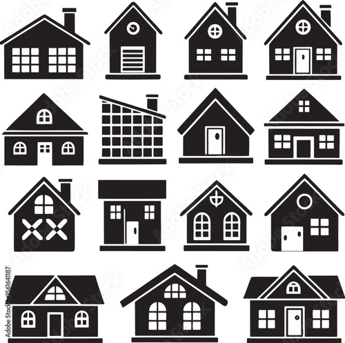 Collection of simple black house icons with different architectural styles