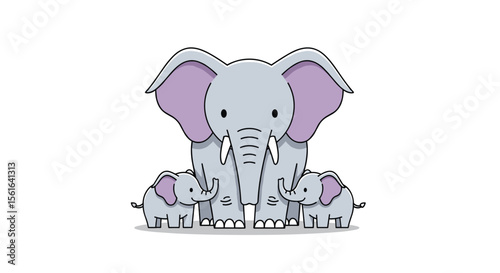 Adorable family of elephants enjoying a peaceful day together in a whimsical style with dotted outlines and soft purple accents