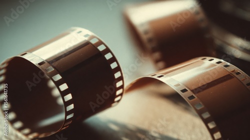 Close-up of vintage 8mm film rolls with detailed sprockets and reflective surface.
