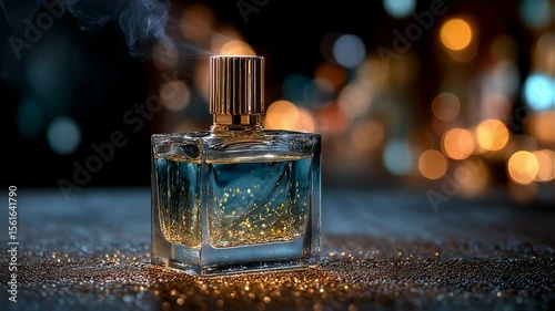 elegant glass perfume bottle showcasing a refreshing azure liquid with sparkling gold accents on a darkly textured surface