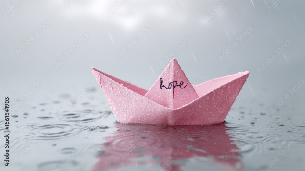 Obraz premium Pink paper boat with the word hope sailing on rainy water with raindrops falling.