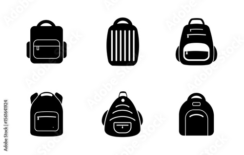 Backpack icon set. School bag symbol, simple rucksack outline, schoolbag pictogram