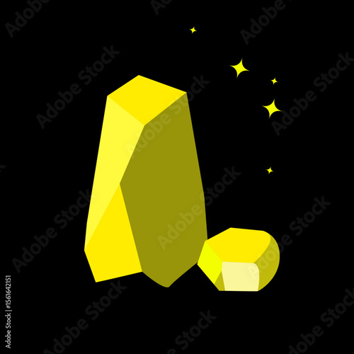 Gold nugget stone. Yellow ore in black min, pyrite game icon, chalcopyrite rock in goldmine