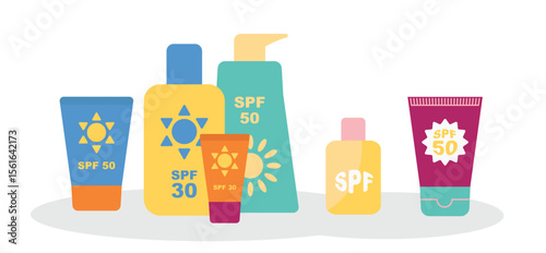 Sunscreen cream bottle icon. Sun screen lotion tube, spf sunblock spray container, solar cosmetic
