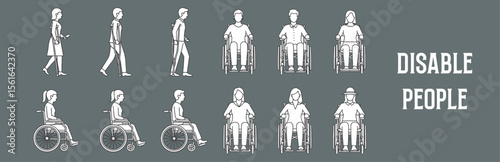 Architectural Drawings disable people vector illustration, front view, human person Minimal style hand drawn. Sections, Elevations, Floor Plans