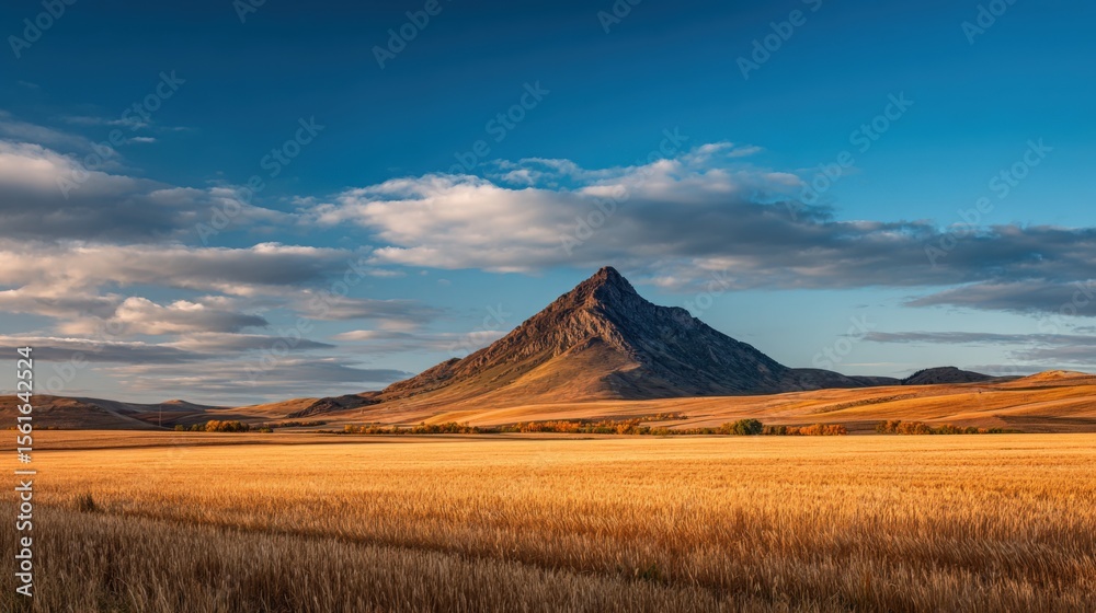 Obraz premium Vast Landscape with Unique Mountain Peak Under Bright Sky and Open Field.