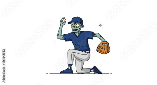 An undead athlete delivers a pitch with intense focus during a thrilling baseball game against a rival team
