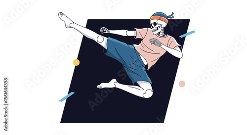 Skeleton performing a powerful dynamic martial arts kick during an energetic athletic training session demonstrating combat readiness and skillful movement techniques