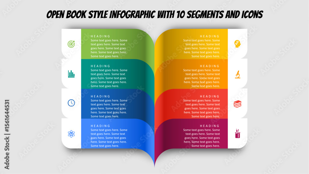 Open Book Style Infographic with 10 Segments and Icons. Fully editable modern infographic vector elements SVG file compatible with PowerPoint, Illustrator, and most vector-based applications.