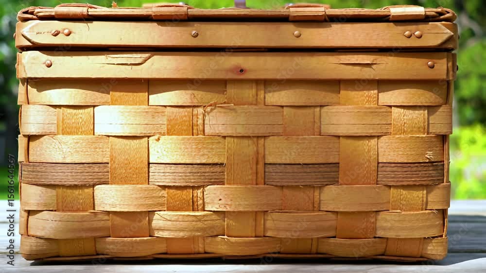Front view of a tightly woven, closed wicker picnic basket on an outdoor table