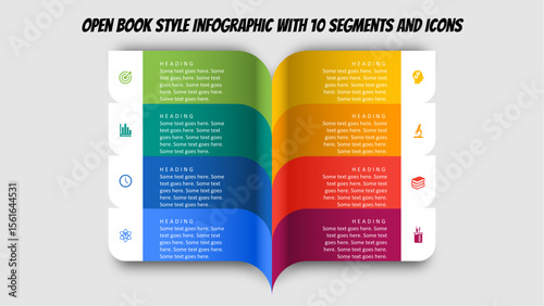 Open Book Style Infographic with 10 Segments and Icons. Fully editable modern infographic vector elements SVG file compatible with PowerPoint, Illustrator, and most vector-based applications.