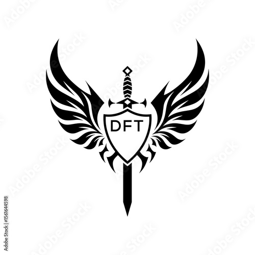 DFT "Warrior Shield and Sword Emblem with Wings Logo," DFT Later Logo, "Black Tribal Winged Sword Crest Vector," "Heraldic Emblem with Wings, Sword, and Shield,"
