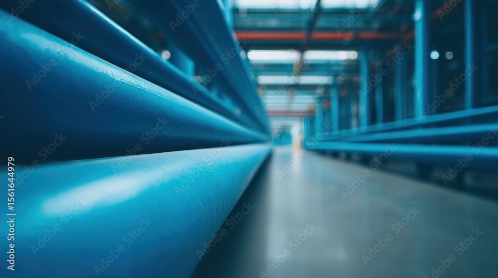 Fototapeta premium Modern industrial warehouse with blue structural beams and wide walkway.