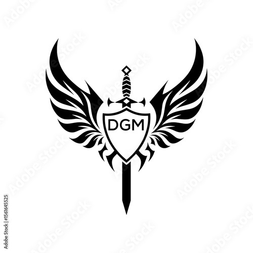 DGM "Warrior Shield and Sword Emblem with Wings Logo," DGM Later Logo, "Black Tribal Winged Sword Crest Vector," "Heraldic Emblem with Wings, Sword, and Shield,"
