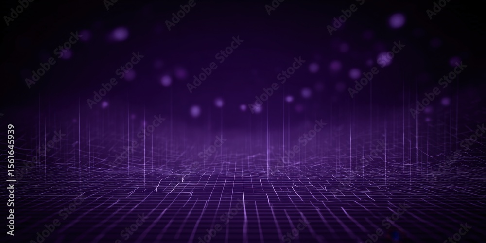 Fototapeta premium Futuristic Digital Grid Landscape with Neon Purple Lights and Abstract Data Visuals.