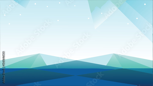 Abstract landscape with polygonal mountains and a starry sky in shades of blue and white color scheme