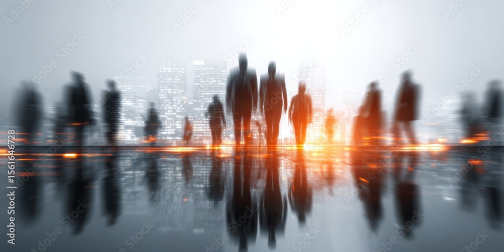 Fototapeta premium Vast group of diverse people standing in silhouette overlooking city skyline at sunset.