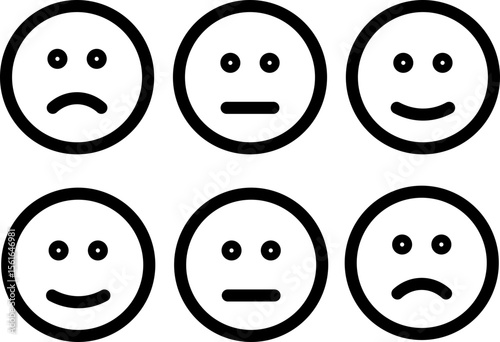 Sad face, neutral face, and happy face emoticons in black outline, arranged in two rows, simple style, expressing different emotions, suitable for mood tracking or feedback forms