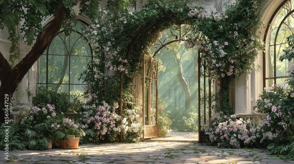 Obraz premium Lush green trellis with delicate flowers in a sunlit Grecian garden background, vibrant nature scene with flowing plants and bright sunlight filtering through