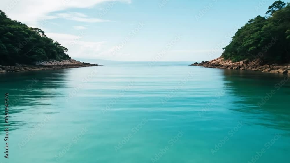 Serene Turquoise Waters: A Tranquil Bay Landscape with Lush Green Hills Serene Turquoise Waters: A Tranquil Bay Landscape with Lush Green Hills