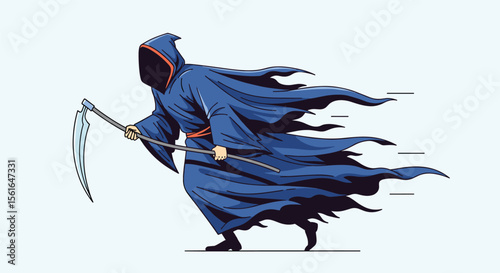 Pixel Art Grim Reaper Character with Scythe in Flowing Blue Robes Walking with Determination and Windblown Fabric