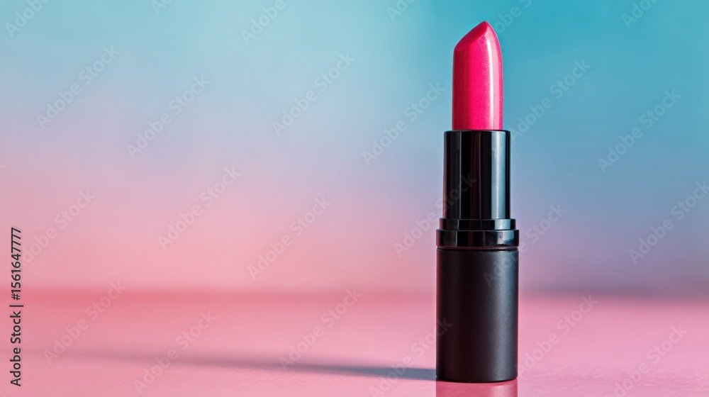 Obraz premium Vibrant Pink Lipstick Standing Upright on Bright Colorful Background for Cosmetics.