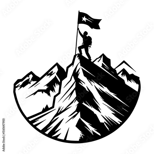 Silhouette of a hiker planting a flag on a mountain peak symbolizing achievement