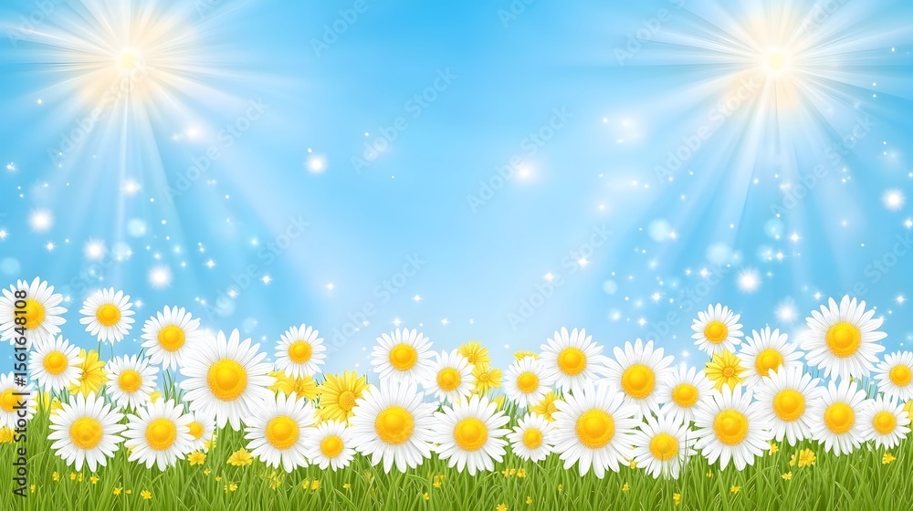 Fototapeta premium Vibrant Summer Daisies Meadow Sunny Sky Background