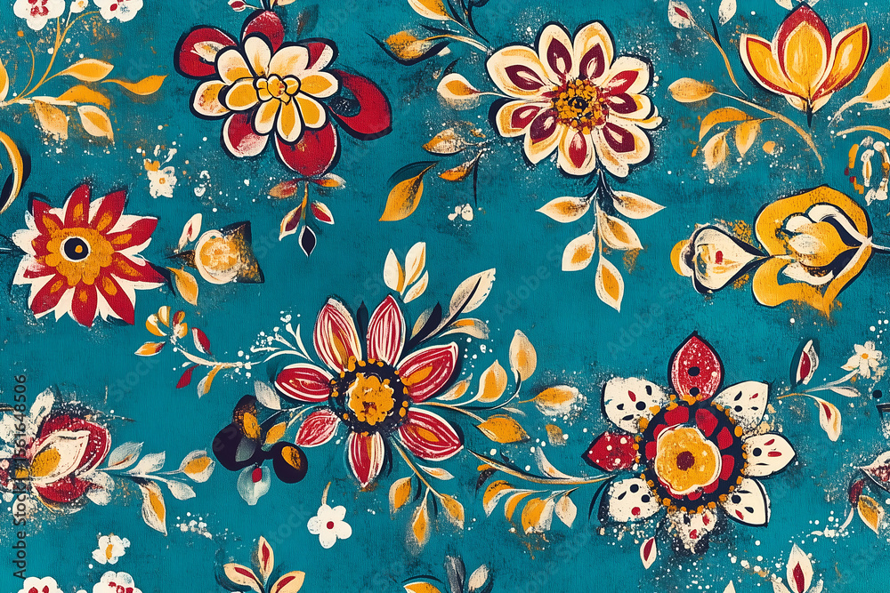Fototapeta premium bohemian folk art illustration with a vibrant floral pattern for a vintage wallpaper look