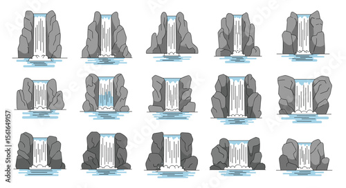 Collection of Fifteen Beautiful Scenic Waterfalls Set Against Rugged Rocky Cliffs with Flowing Water into Reflective Pools
