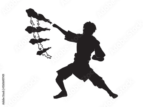 Action figure draws and controls fire from his hand. Silhouette vector illustration