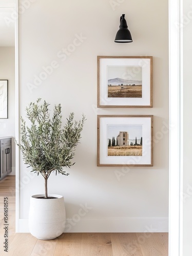 Light-filled hallway with art and plant
