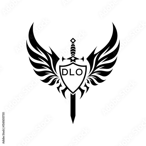 DLO "Warrior Shield and Sword Emblem with Wings Logo," DLO Later Logo, "Black Tribal Winged Sword Crest Vector," "Heraldic Emblem with Wings, Sword, and Shield,"
