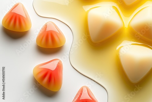 Triangle-shaped, translucent, jelly candies in orange and pink,  drizzled with yellow liquid